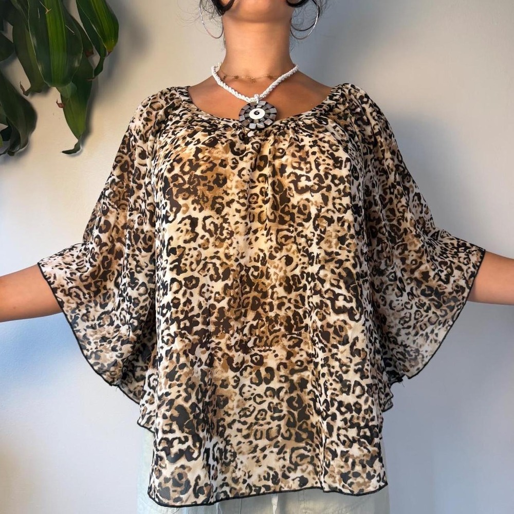 Wet Seal Vintage Leopard Print Batwing Poncho Blouse Brown Y2K Mesh Top Large